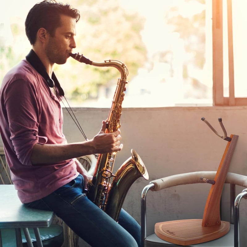 Musbeat Saxophone Stand, Saxophone Stand for Alto and Tenor, Mahogany Hardwood Alto Sax Stand with Soft Silicone Yokes, Handcrafted Wooden Tenor Saxophone Holder for Home Studio Display - Image 2